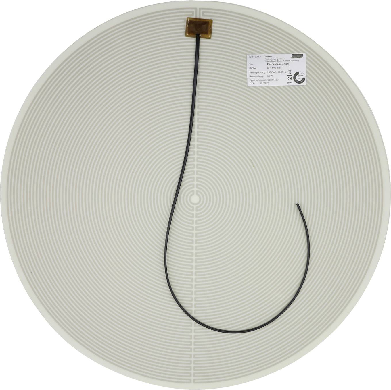 Kreisförmige RFID-Antennenmatte mit konzentrischem Spulenmuster und einem schwarzen Kabel, das oben angebracht ist