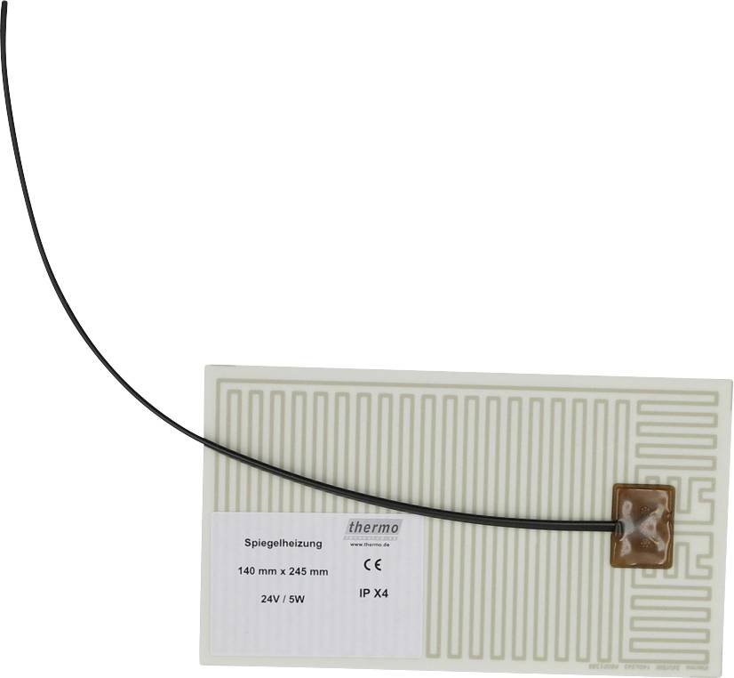Rechteckiges Spiegelheizpad mit schwarzem Stromkabel, das an einer Ecke befestigt ist, und einem Etikett mit den Angaben „140 mm x 245 mm