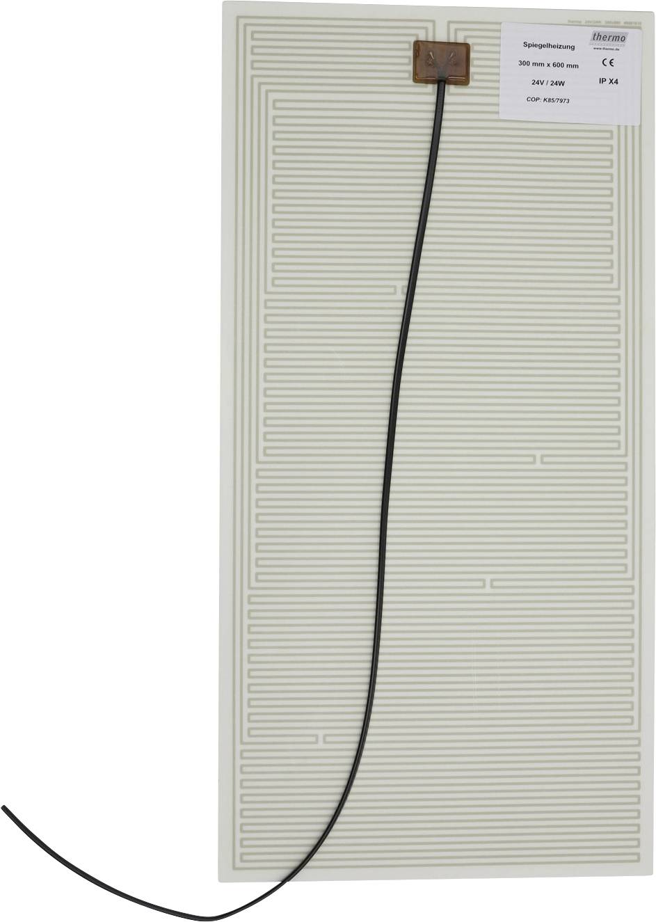 Rechteckige transparente Heizmatte mit schwarzem Stromkabel und Stecker oben.