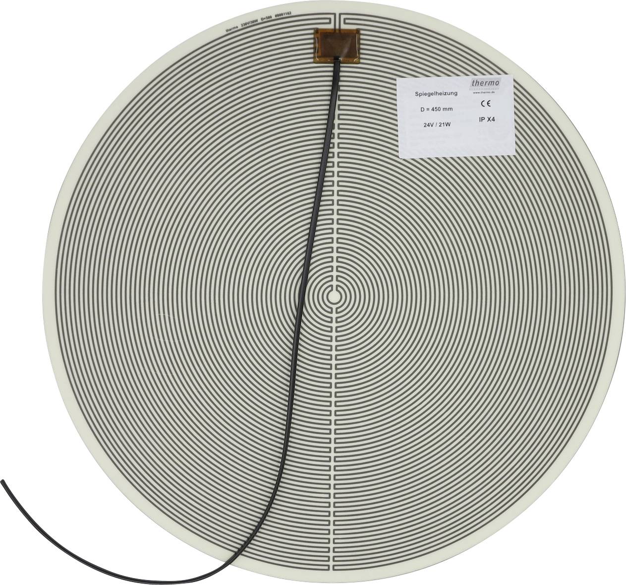 Kreisförmige industrielle Heizmatte mit eng gewickeltem Spiralmuster und angebrachtem Stromkabel, beschriftet Thermo, D 450 mm, 24V/21W, IP 34.