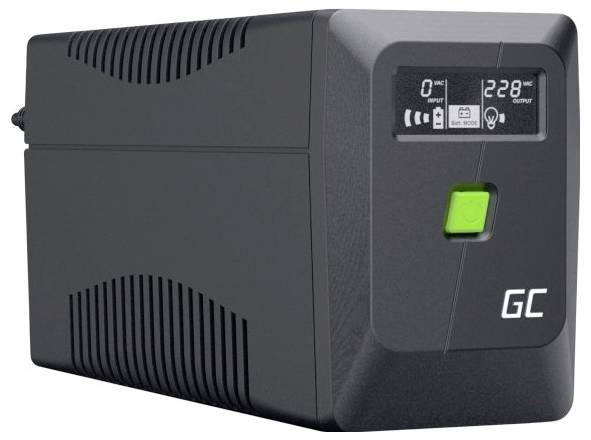 Schwarze GC-Notstromversorgung mit digitaler Anzeige, die Eingangsspannung und Ausgangsspannung anzeigt, und grünem Stromschalter