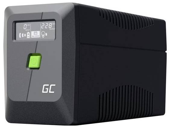 Schwarzes GC-Stromversorgungssystem mit unterbrechungsfreier Stromversorgung mit kleinem digitalen Display und grünem Netzschalter, in Dreiviertelperspektive gezeigt.