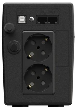 Schwarze Steckdosenleiste mit zwei Steckdosen, zwei USB-Anschlüssen und einem Schalter auf der linken Seite.