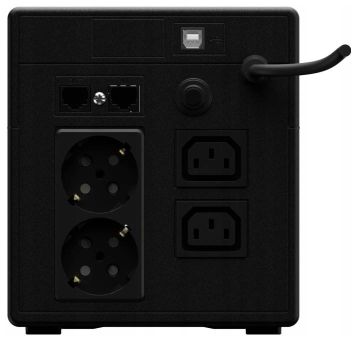 Schwarze unterbrechungsfreie Stromversorgung mit zwei Schuko-Steckdosen, zwei IEC-Steckdosen, zwei Ethernet-Anschlüssen und einem Stromkabel auf der rechten Seite.