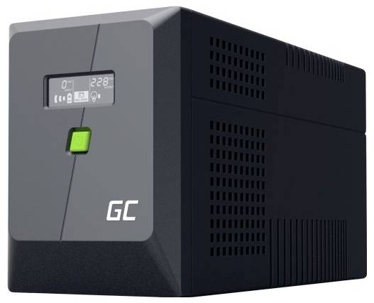 Schwarzes Stromversorgungsgerät im Tower-Design mit unterbrechungsfreier Stromversorgung, frontseitiges Display und grüner Ein-/Aus-Knopf, Marke 