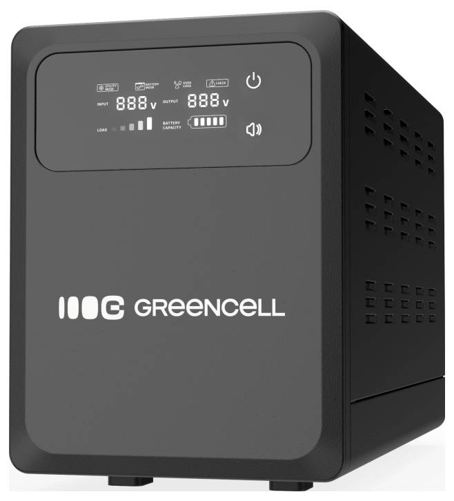 Schwarze Greencell Unterbrechungsfreie Stromversorgung mit digitaler Anzeige, die Eingabe, Ausgabe, Batteriestand, Stromverbrauch und Stummschalt-Symbole anzeigt.