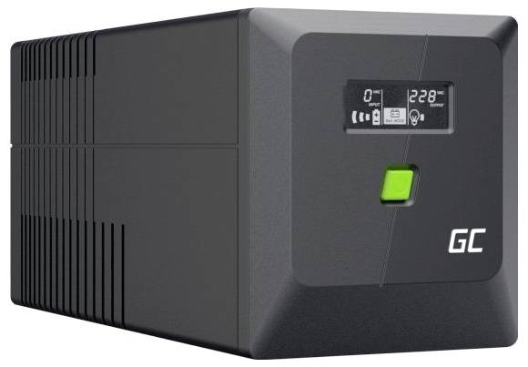 Schwarzes GC unterbrechungsfreies Stromversorgungssystem mit frontalem Display, grünem Stromschalter und seitlichen Belüftungsschlitzen.
