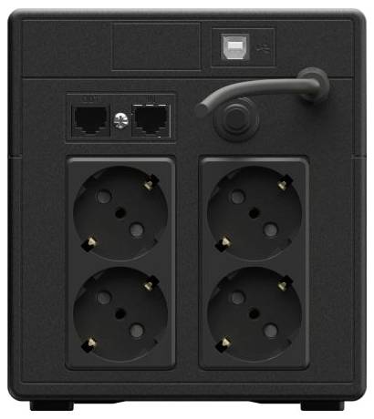 Schwarze unterbrechungsfreie Stromversorgung mit mehreren Wechselstromausgängen, zwei Netzwerkausgängen und einem Netzschalter auf der Frontblende.