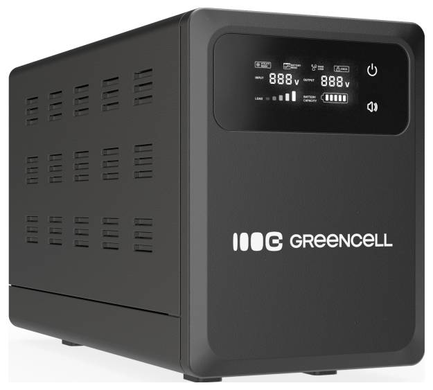 Schwarze Greencell-Stromausfallschutzeinheit mit Frontdisplay, das Batterie- und Spannungsindikatoren sowie Ein-/Aus- und Stummschalt-Symbole anzeigt.