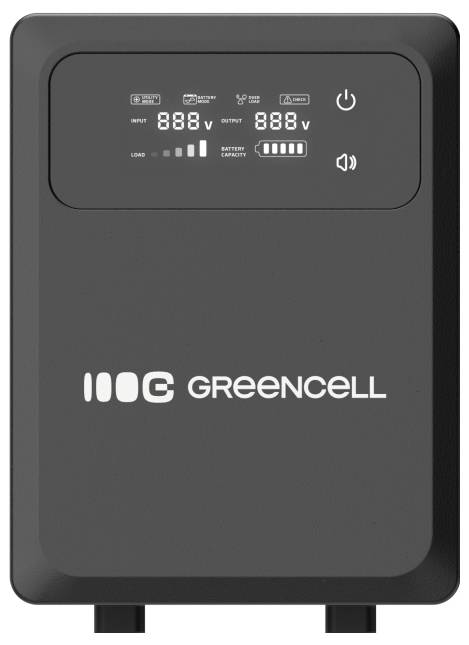 GreenCell tragbare Powerbank mit digitalem Display, das Batterie- und Spannungsindikatoren sowie Energie- und Tonsymbole anzeigt.