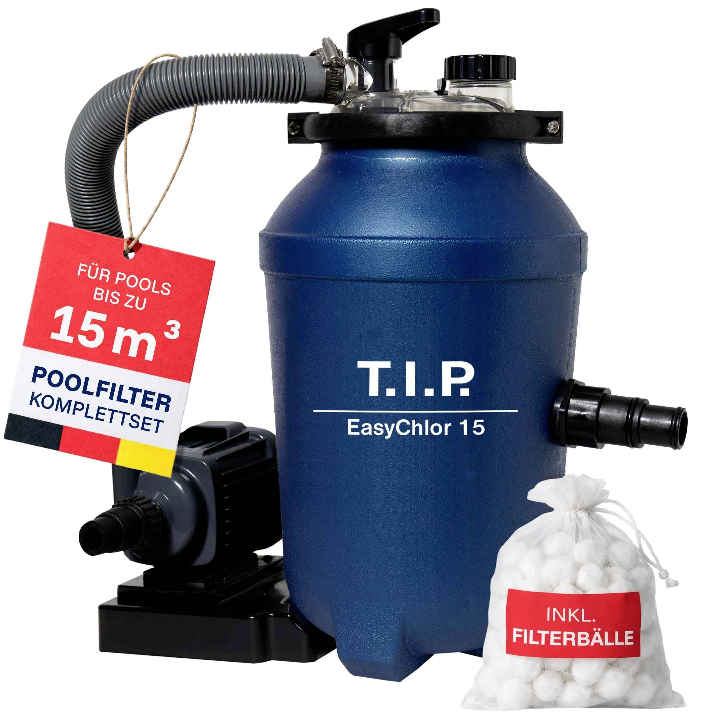Produktbild eines T.I.P. EasyChlor 15 Poolfiltersatzes mit Pumpe, Schlauch und Beutel mit Filterbällen; das Etikett besagt „FÜR POOLS BIS ZU 15 m³