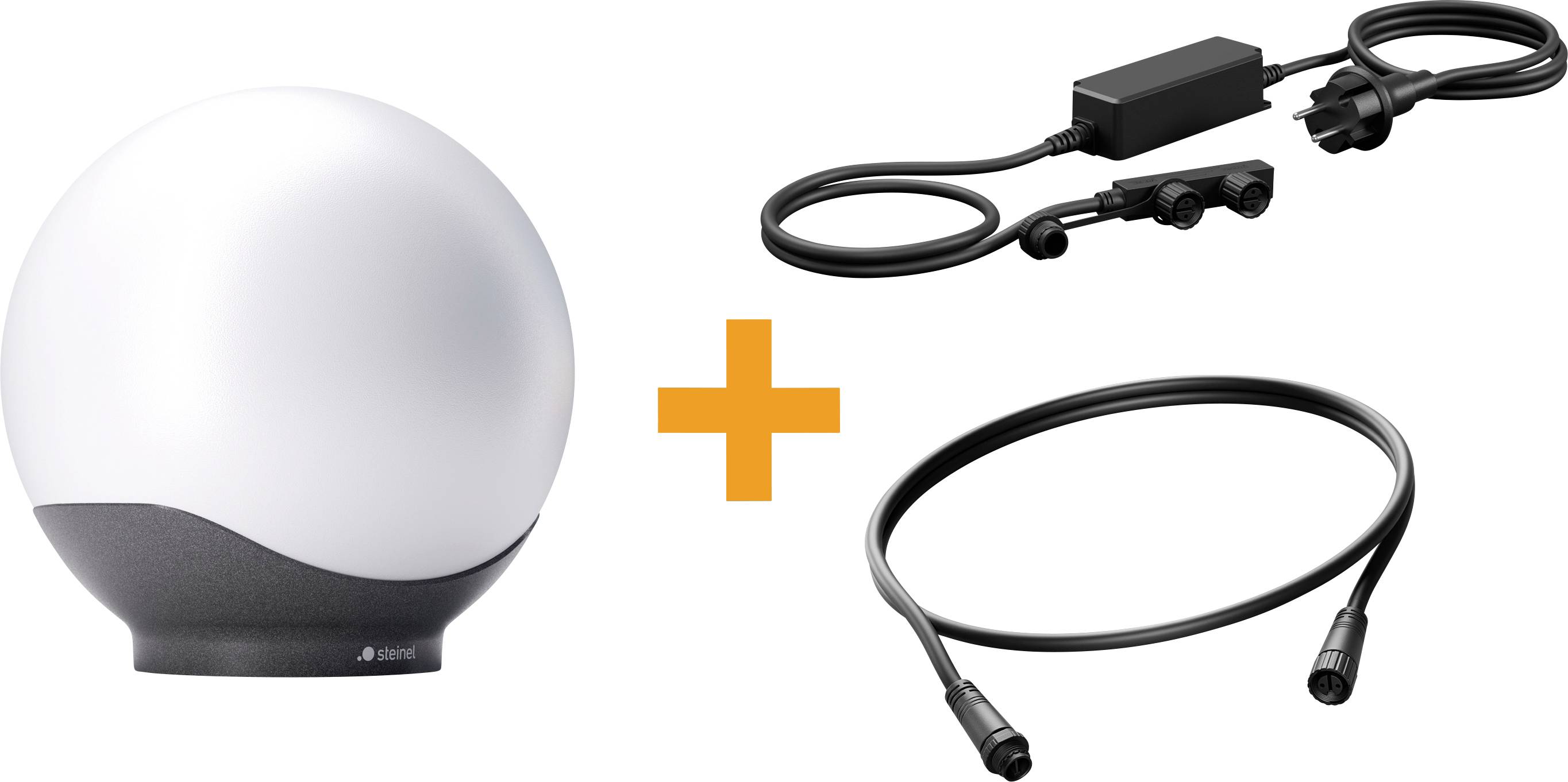 Werbebild einer weißen Kuppelleuchte mit Fernbedienung plus zwei schwarze Kabelzubehörteile, dargestellt als kombiniertes Set.