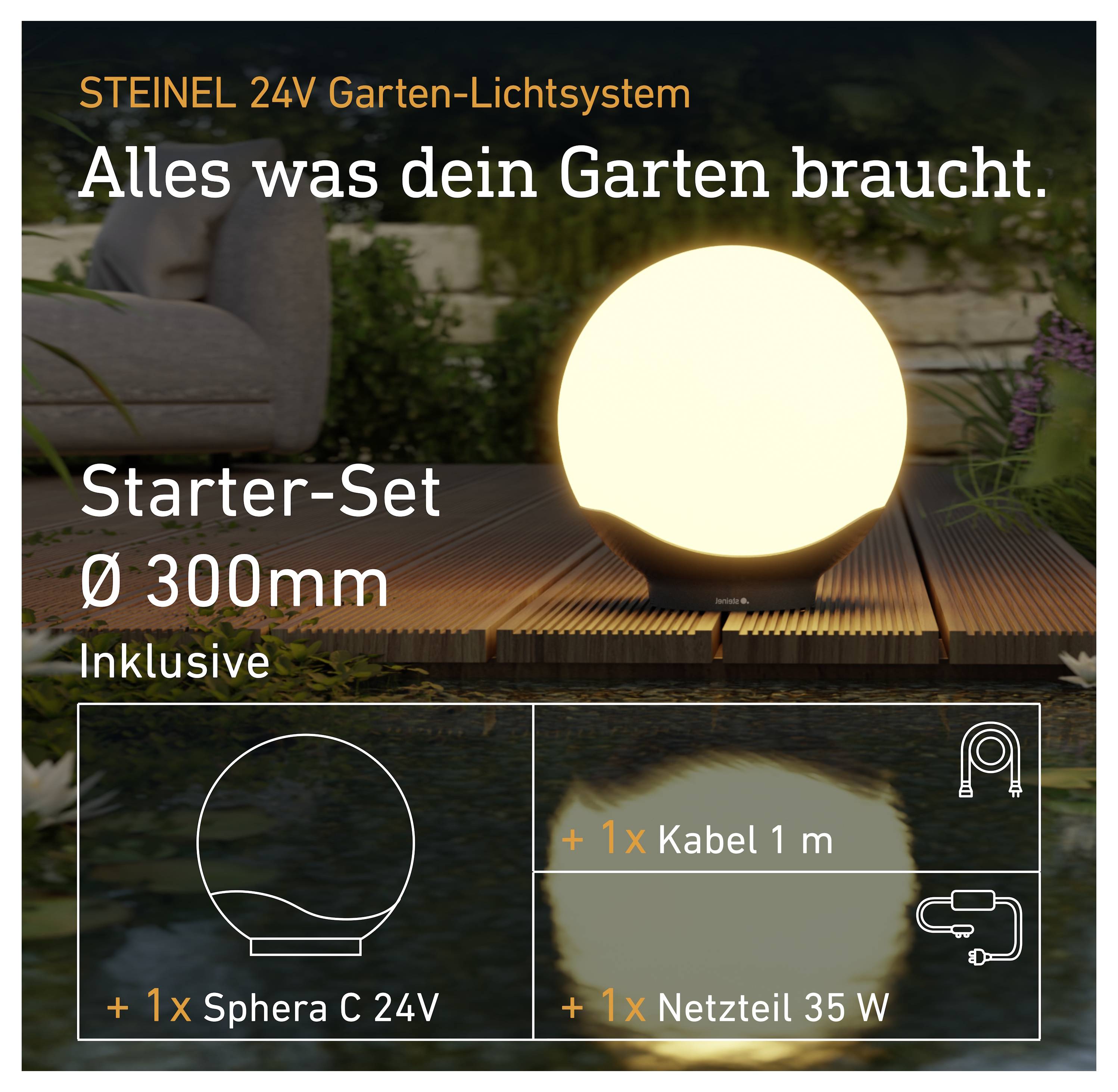 STEINEL 24V Gartenbeleuchtungs-Starterset mit einer leuchtenden 300 mm Sphera C24V Leuchte, inklusive 1 m Kabel und 35 W Netzteil.