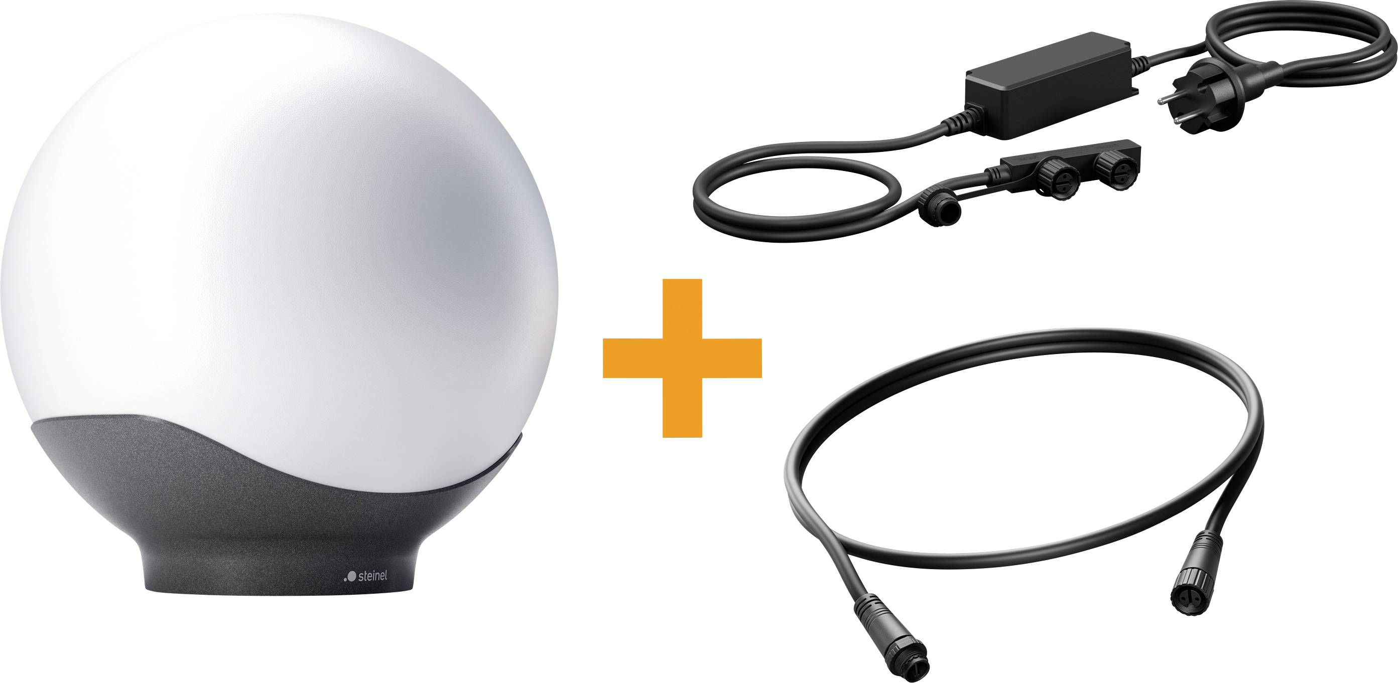 Drahtloser kugelförmiger Lautsprecher, abgebildet mit einem Ladekabel und einem Audiokabel, getrennt durch ein Pluszeichen, um die enthaltenen Zubehörteile anzuzeigen.