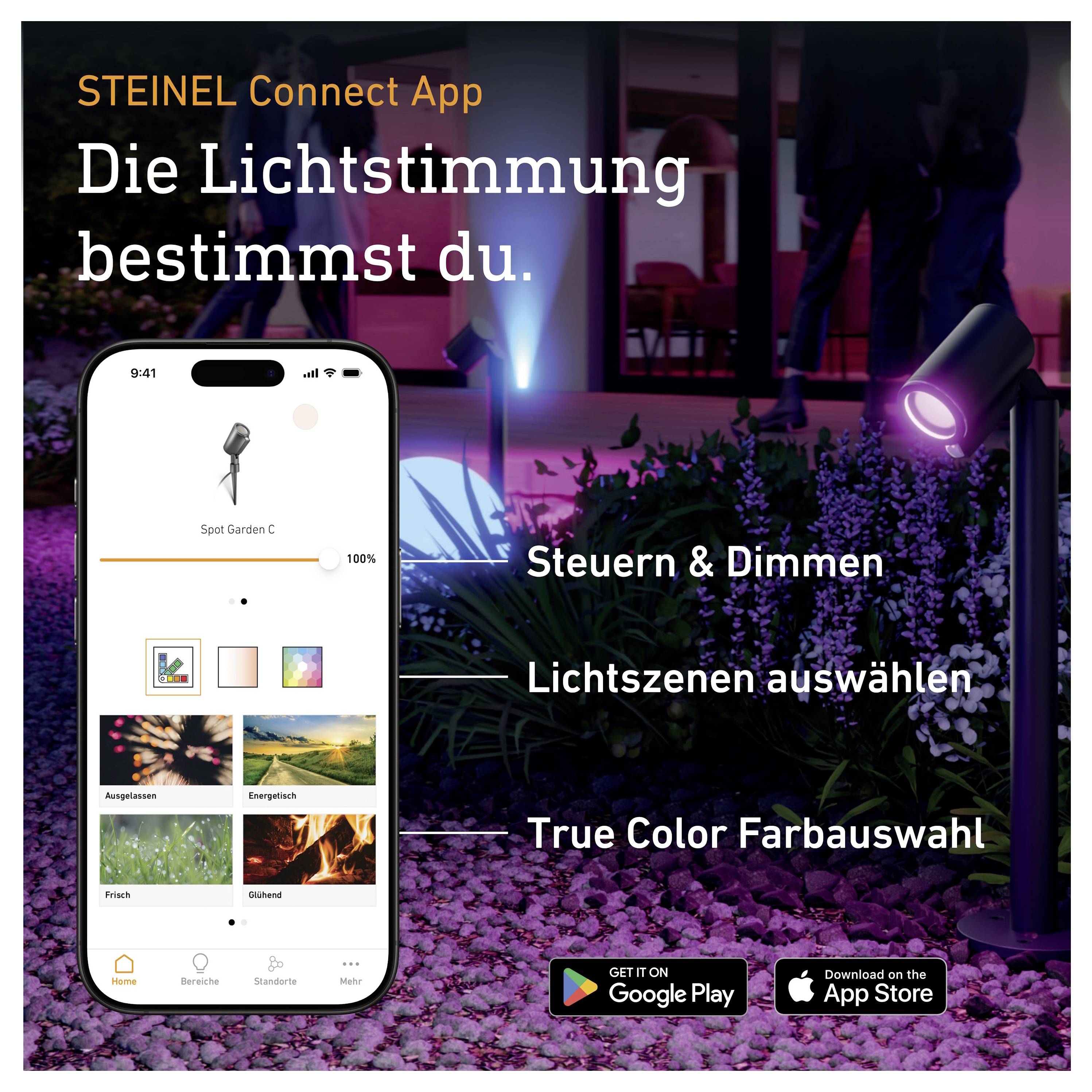 STEINEL Connect App-Anzeige mit einem Smartphone, das Gartenlichter steuert, mit deutschem Text: 'Die Lichtstimmung bestimmst du.' und den Funktionen 'Steuern & Dimmen', 'Lichtszenen auswählen', 'True Color Farbauswahl'.