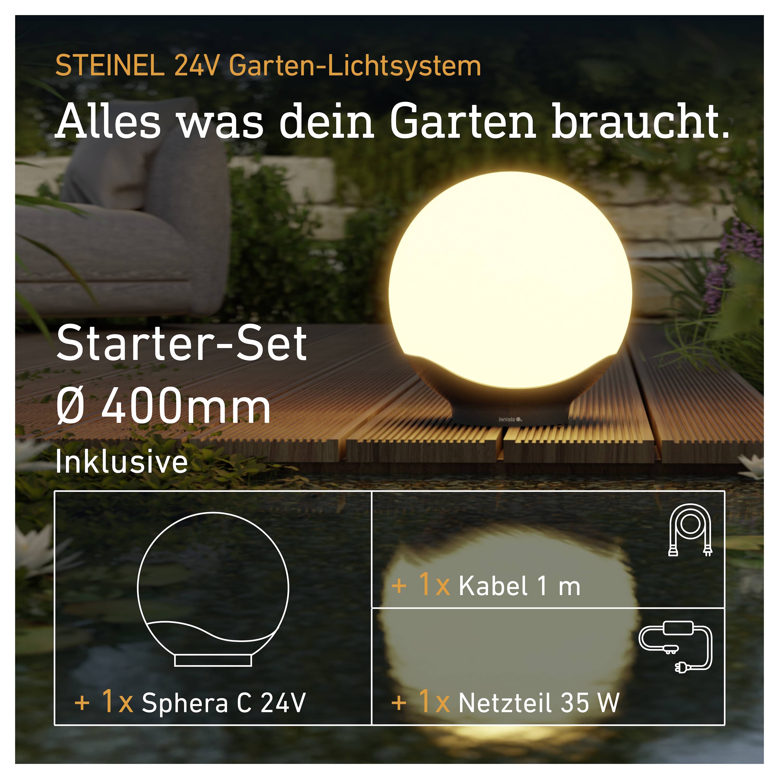 Angebot für STEINEL 24V Gartenleuchten-Starterset, das eine leuchtende kugelförmige Lampe zeigt, 'Starter-Set Ø 400mm', mit 1x Sphera C 24V, 1 m Kabel und 35 W Netzteil.