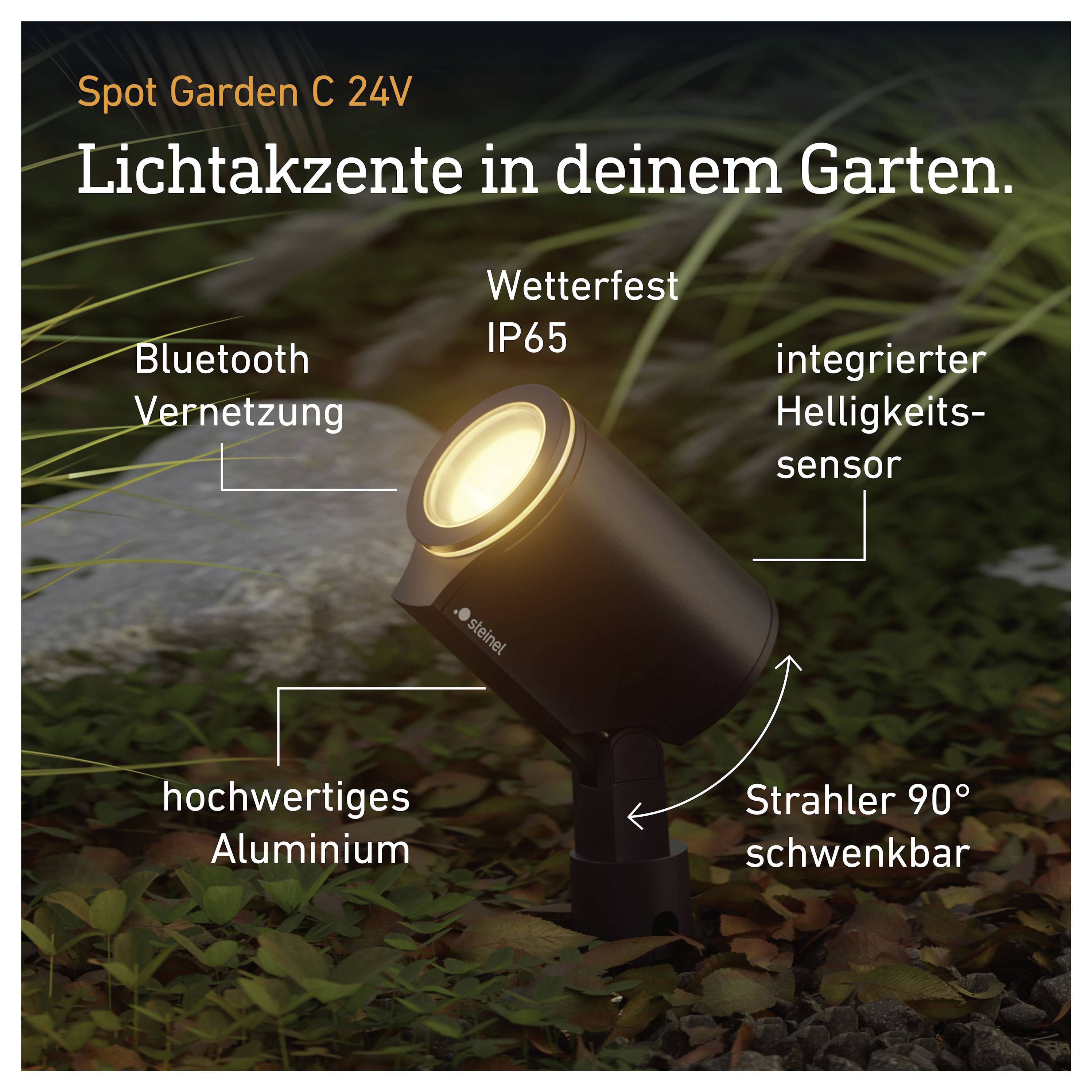 Spot Garden C 24V Gartenspot mit warmem Licht, Bluetooth-Vernetzung, IP65-Wetterschutz, integriertem Helligkeitssensor und 90° schwenkbarem, verstellbarem Aluminium-Design.