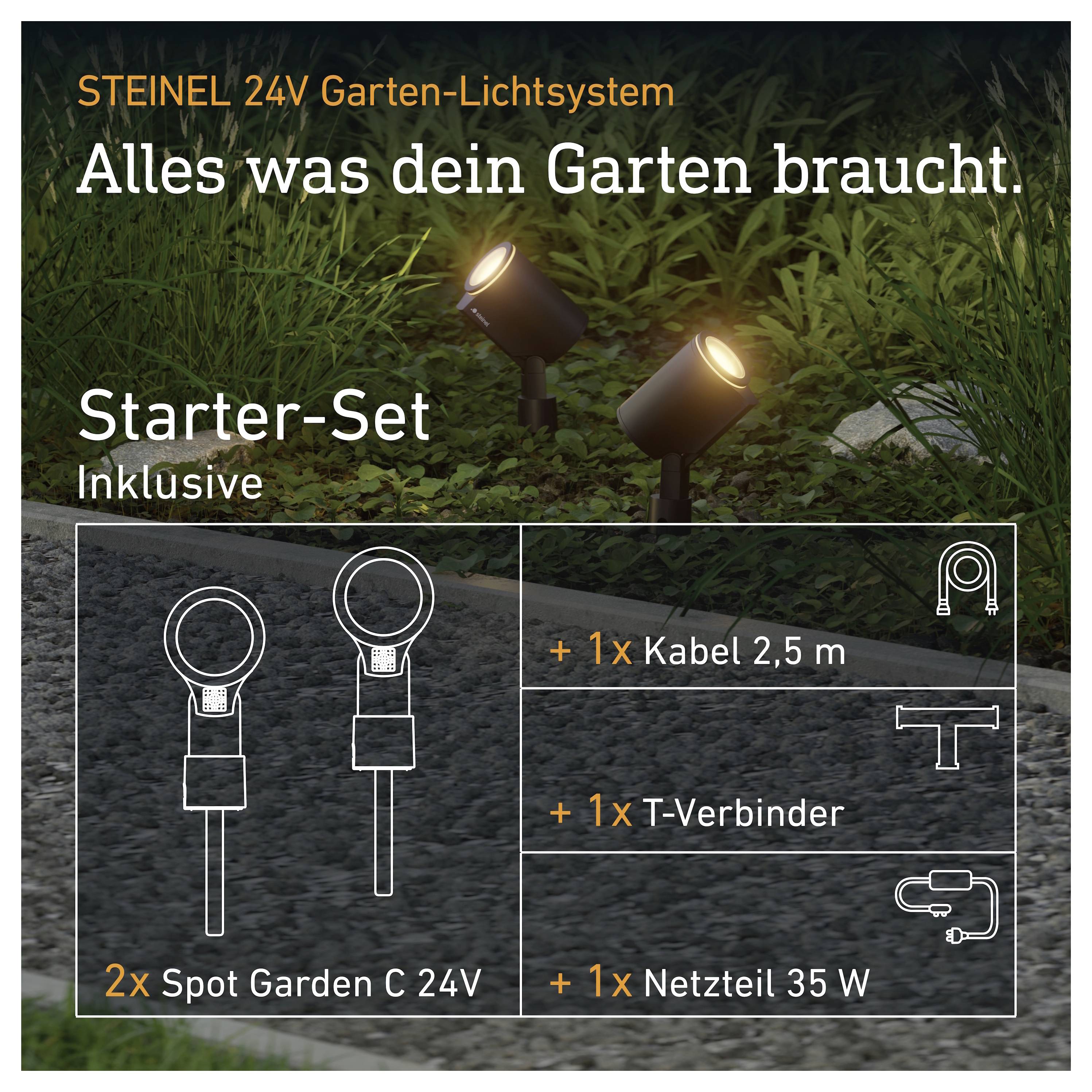Werbebild für STEINEL 24V Gartenbeleuchtungs-Starterset, das zwei Strahler und enthaltene Artikel zeigt: 2 Garten-Spotleuchten C 24V, 1 Kabel 2,5 m, 1 T-Verbinder, 1 35-W-Netzteil.