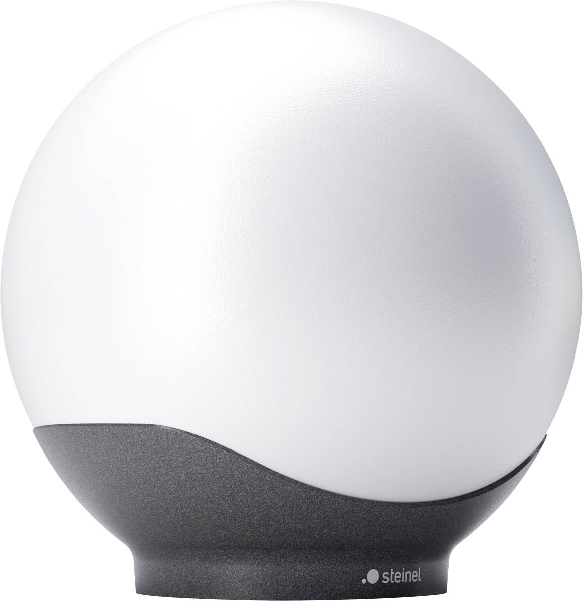 Weiße kugelförmige Wandleuchte mit dunkel gekrümmtem Sockel mit der Bezeichnung 'steinel' auf einfachem Hintergrund.