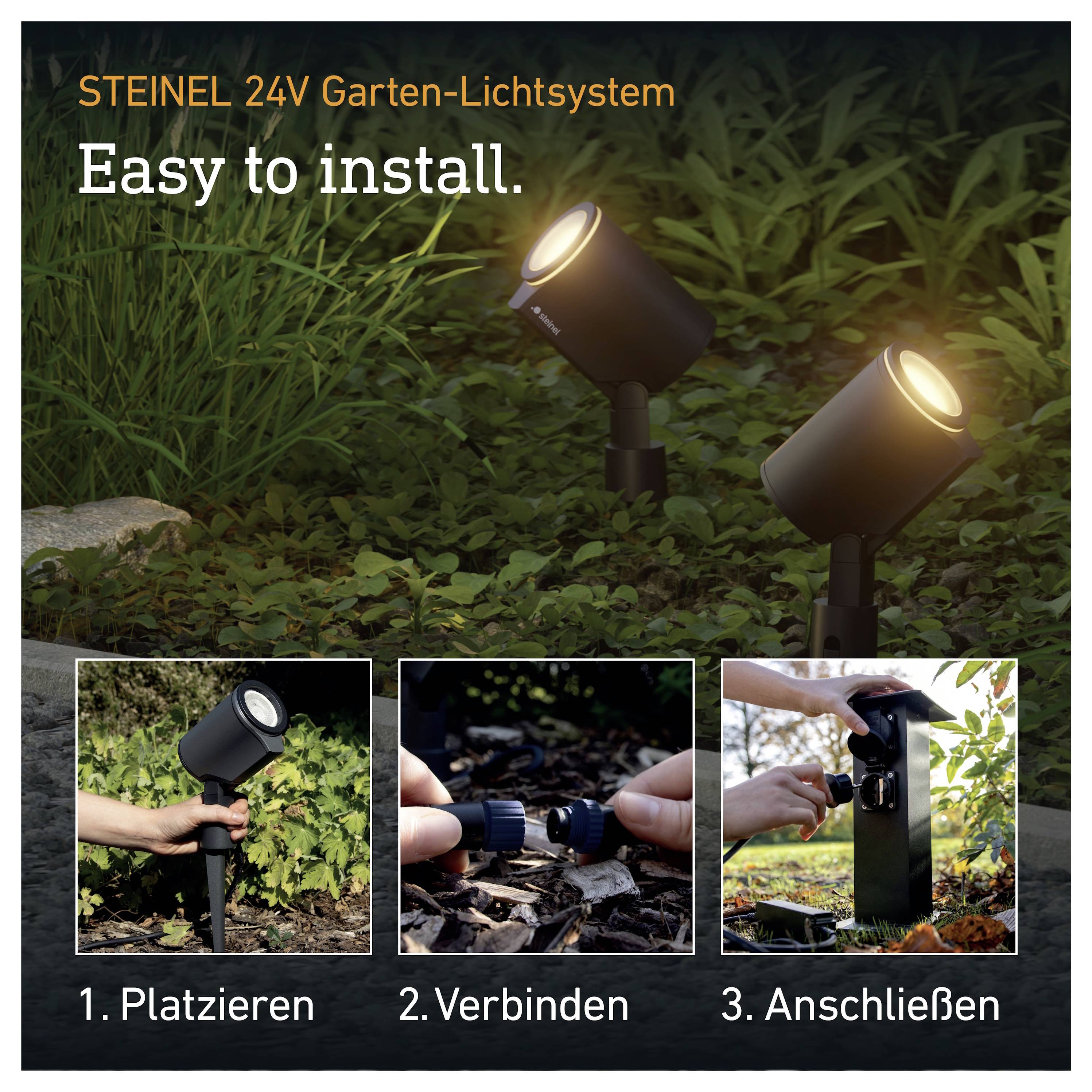 Anzeige für STEINEL 24V Gartenbeleuchtungssystem mit zwei installierten Scheinwerfern und drei Schritten: '1. Platzieren', '2. Verbinden', '3. Anschließen', mit 'Einfach zu installieren.'