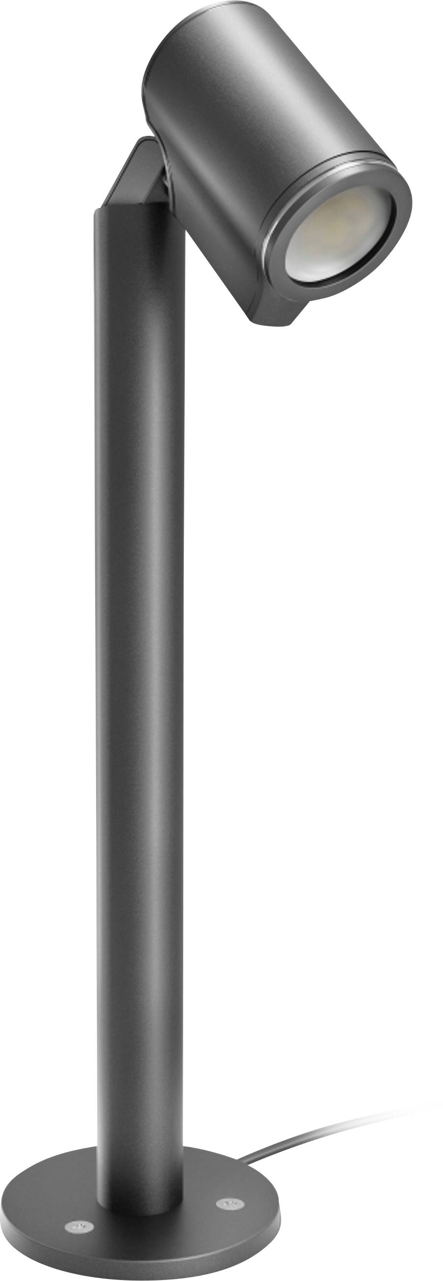 Schwarze verstellbare Strahlerleuchte auf rundem Fuß, mit zylindrischem Lampenkopf nach unten abgewinkelt auf hohem Ständer.