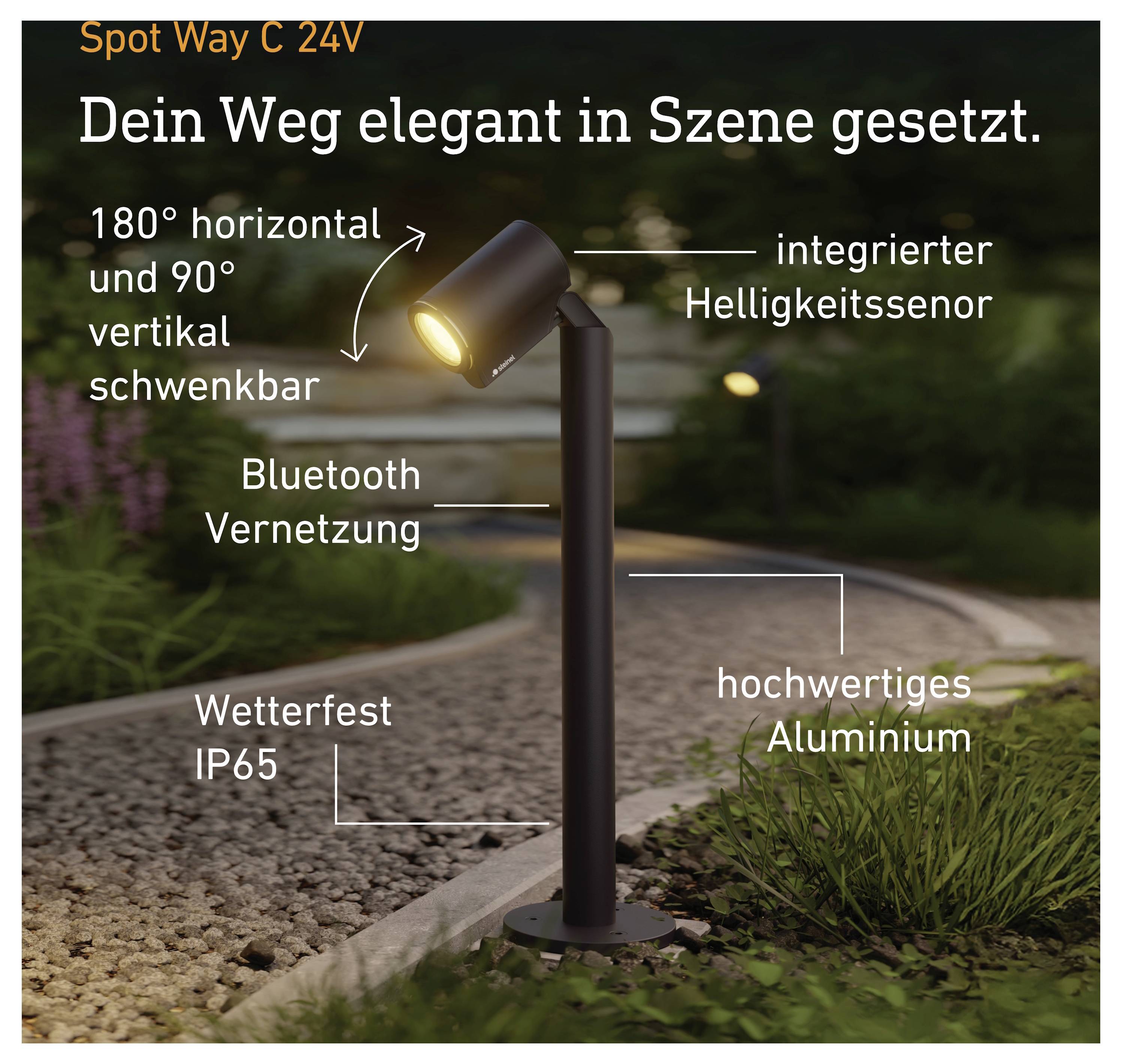 Spot Way C 24V Gartenweg-Leuchte mit verstellbarem Kopf; verfügt über integriertem Helligkeitssensor, Bluetooth-Konnektivität, Schutzart IP65 und Aluminium-Gehäuse.
