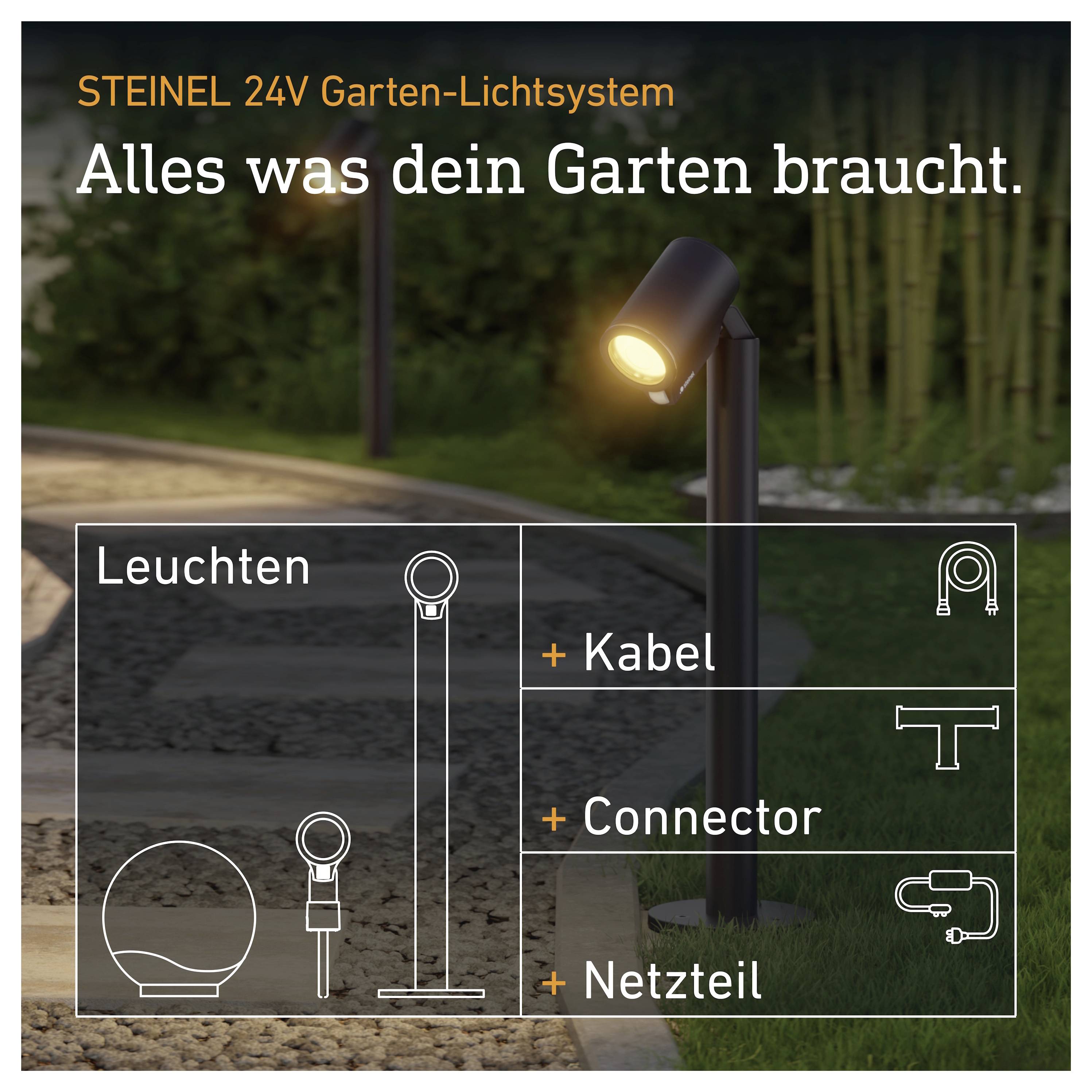 STEINEL 24V Gartenbeleuchtungssystem mit einem beleuchteten Außenstrahler und dem Text „Alles was dein Garten braucht.