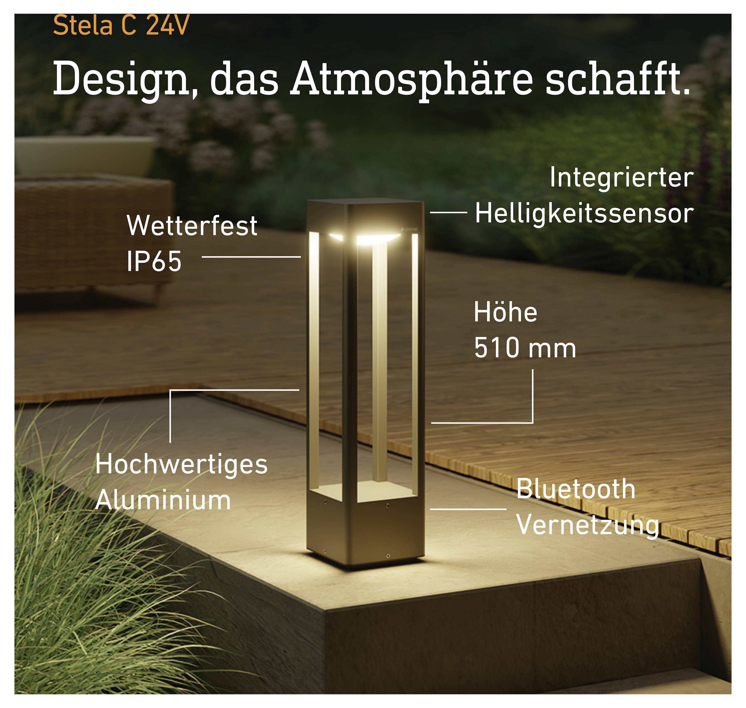 Außenleuchte Angebot für 'Stela C 24V' mit einer 510 mm Aluminium-Leuchte, IP65-Wetterschutz mit integriertem Helligkeitssensor und Bluetooth-Vernetzung.