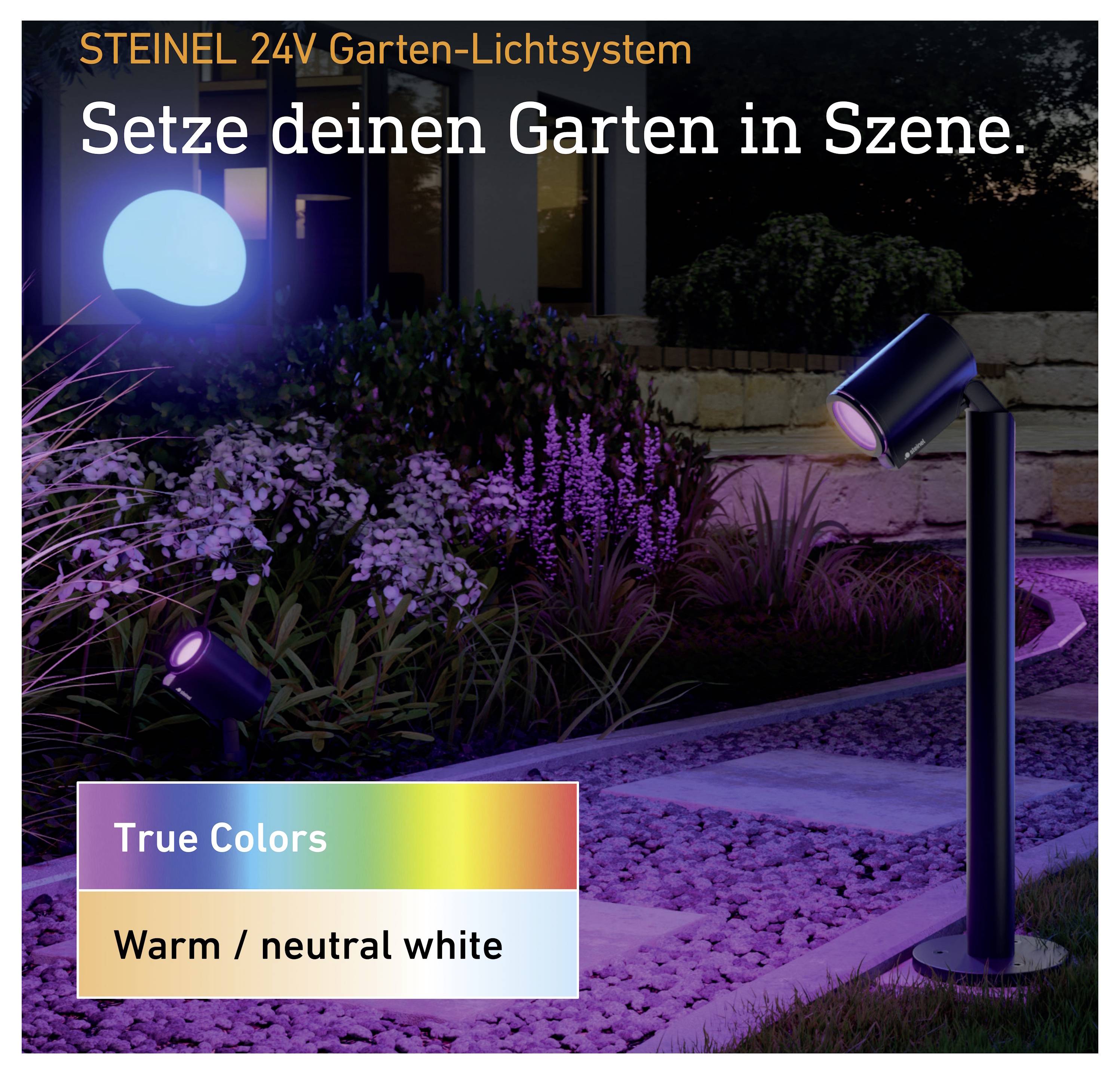 Steinel 24V Gartenbeleuchtung Anzeige mit einem nachts beleuchteten Garten mit farbwechselnden Lichtern; der Text besagt „Setze deinen Garten in Szene.