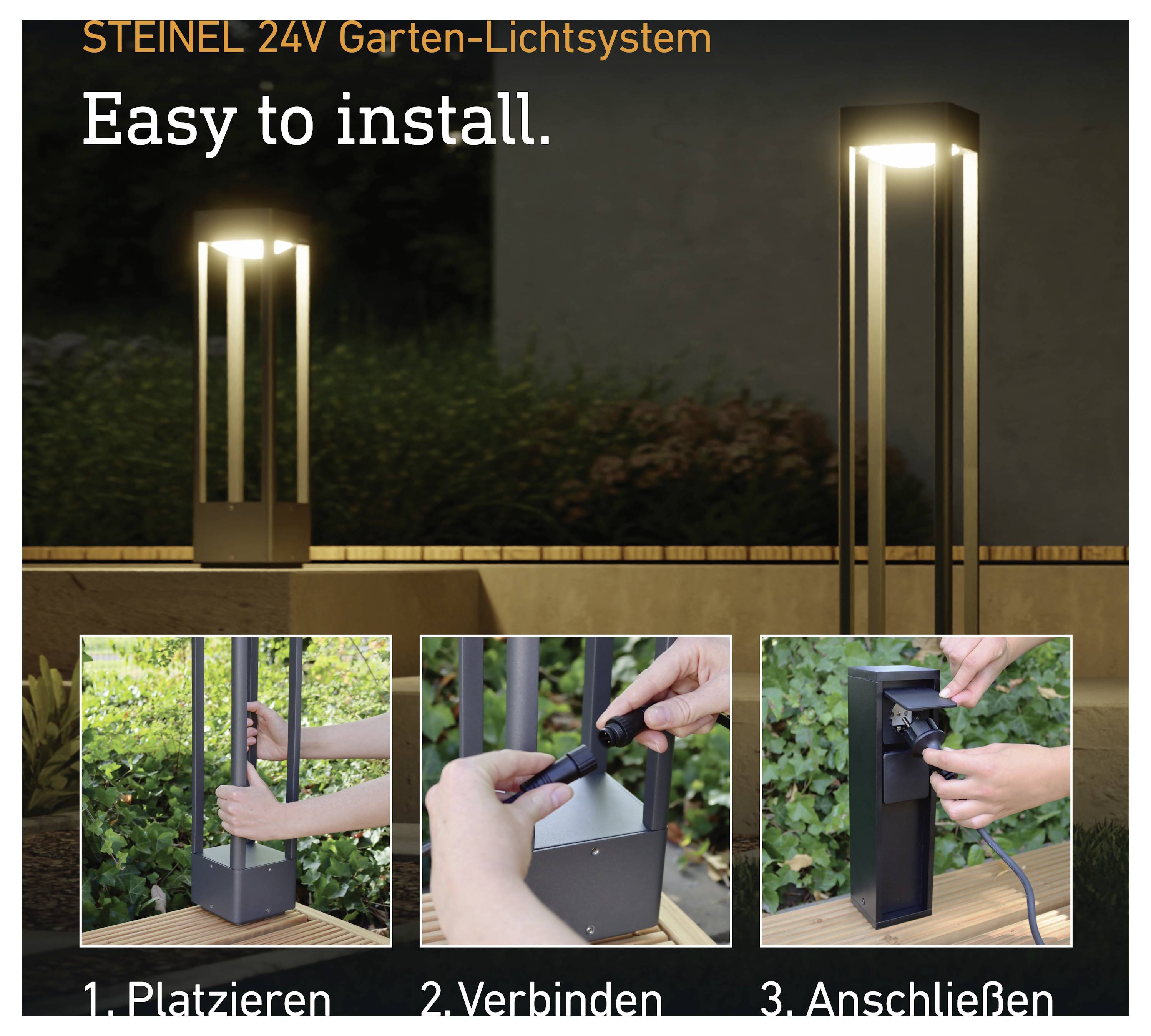 Steinel 24V Gartenbeleuchtungssystem Anzeige mit zwei beleuchteten Gartenpfosten und drei Installationsschritten: platzieren, verbinden, einstecken.