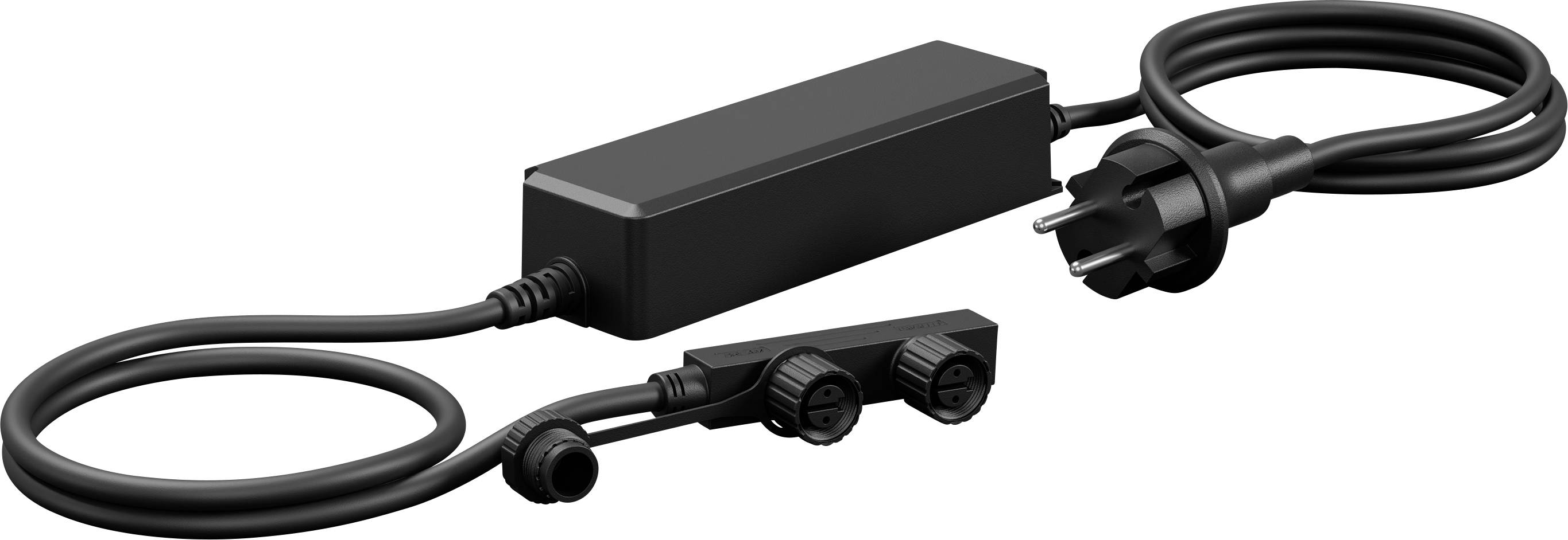 Schwarzer Stromadapter mit angebautem AC-Stecker und zwei Ausgangssteckverbindern auf weißem Hintergrund.