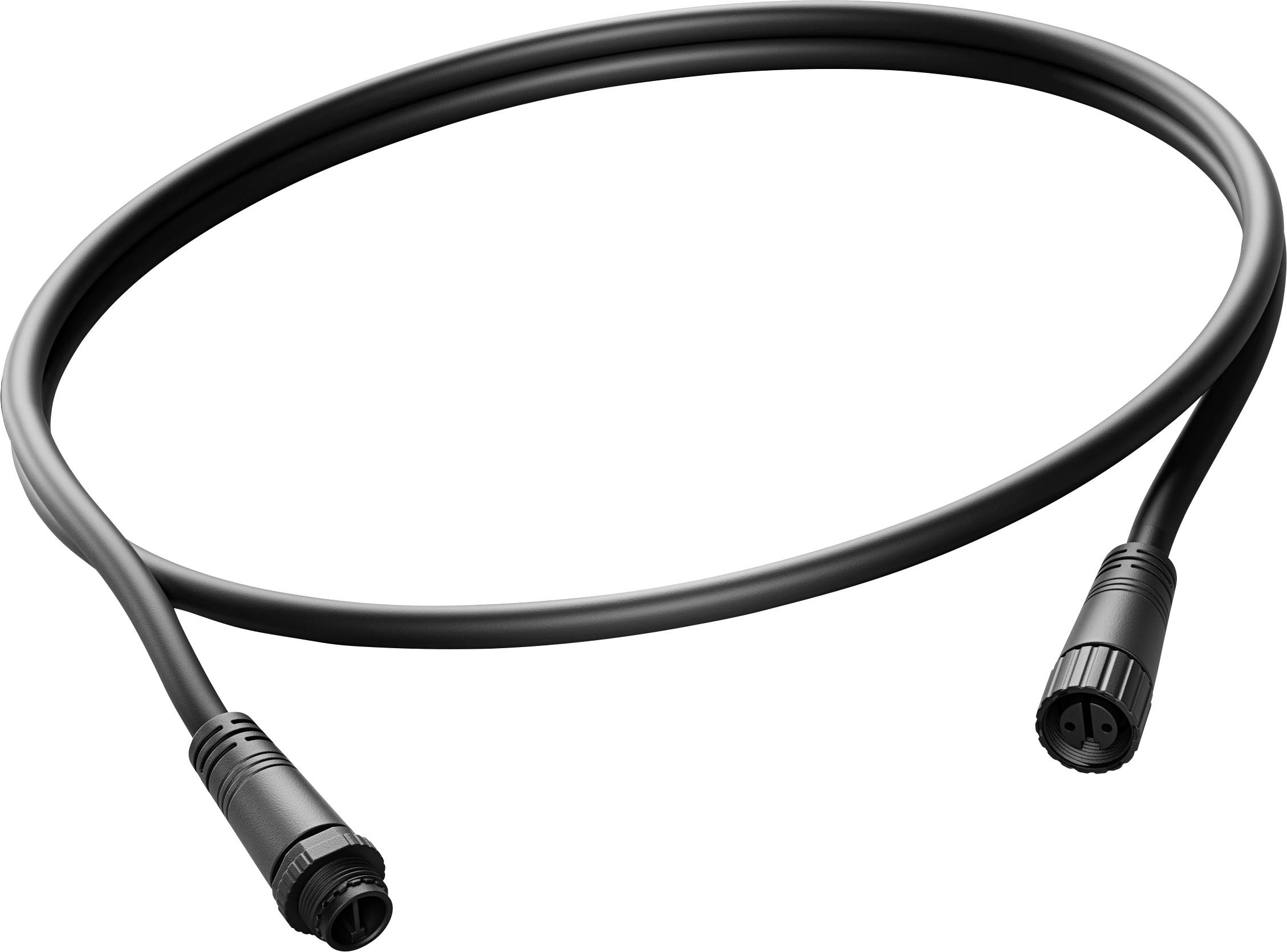 Schwarzes spiralförmiges Kabel mit runden Steckverbindern an beiden Enden, dargestellt vor weißem Hintergrund.