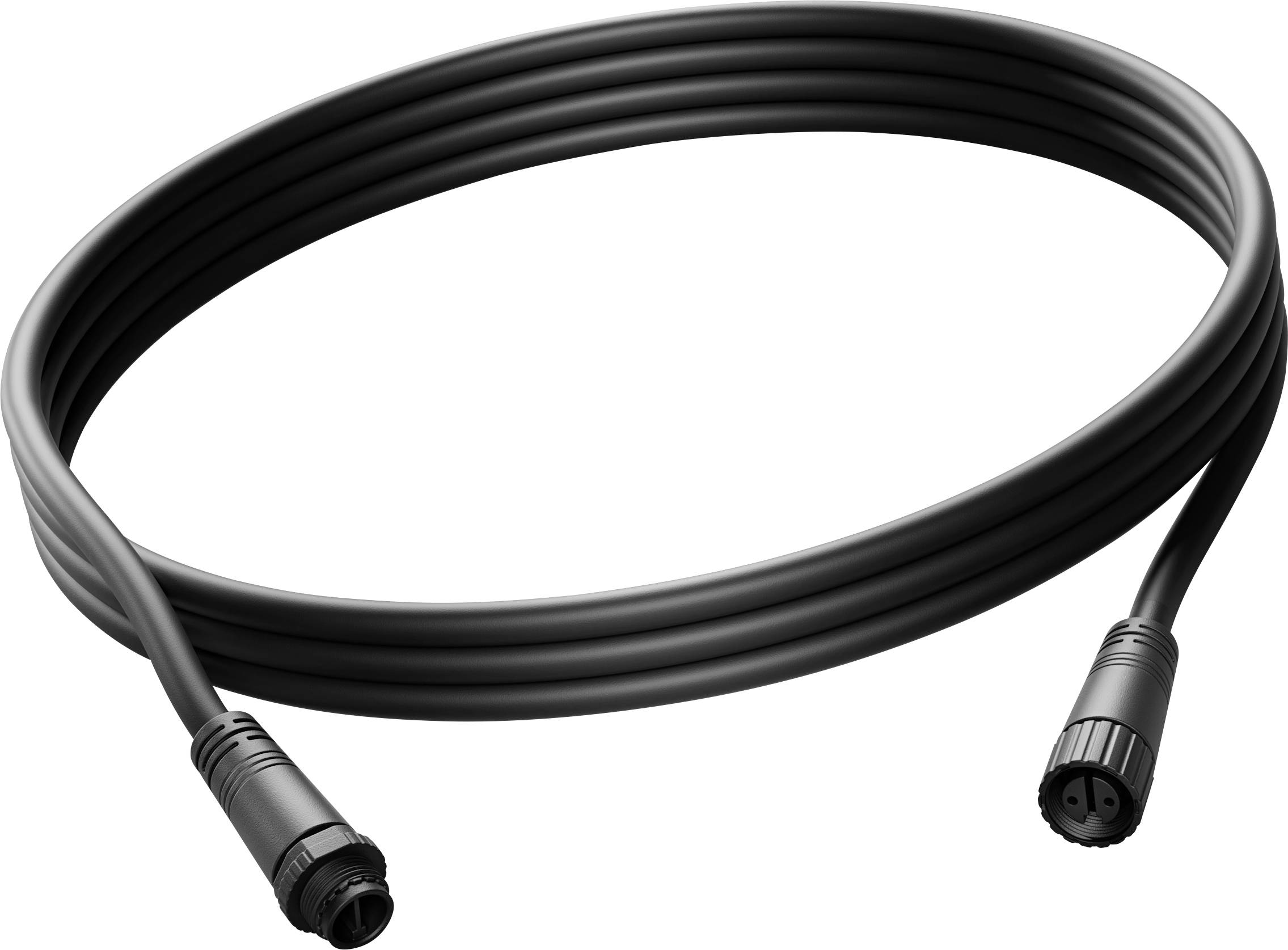 Schwarzes aufgerolltes Audiokabel mit zwei Anschlüssen auf weißem Hintergrund.