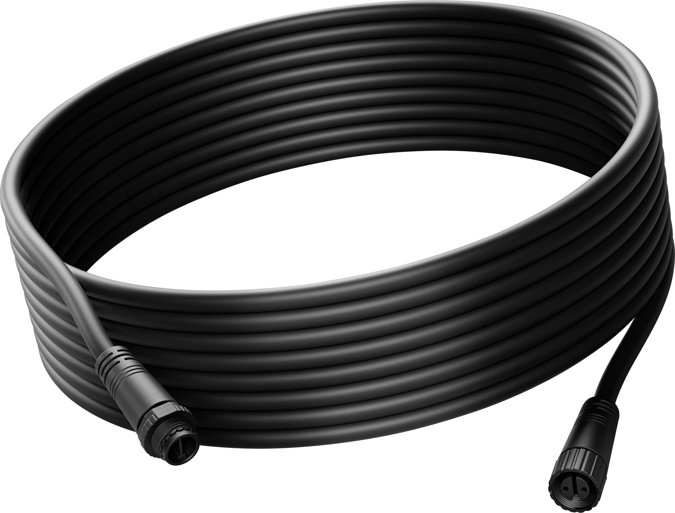 Aufgerolltes schwarzes Kabel mit wasserdicht wirkenden Anschlüssen an beiden Enden, gezeigt auf weißem Hintergrund.