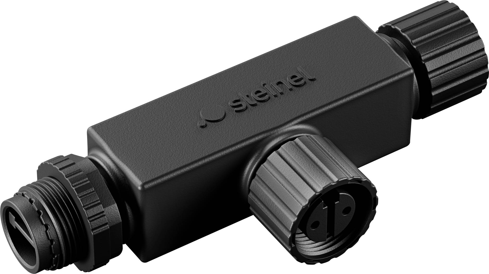 Schwarze rechteckige Elektroverbinder-Verteilerdose mit drei Kabelanschlüssen, gezeigt auf weißem Hintergrund.