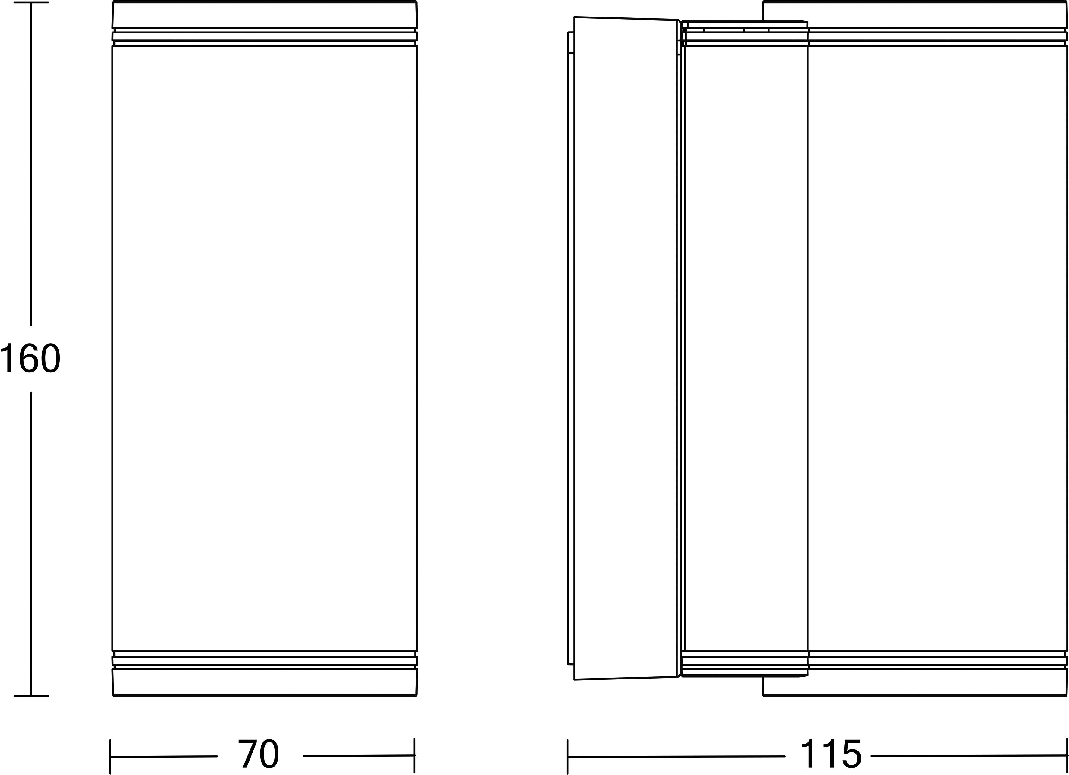 Technische Strichzeichnung eines zylindrischen Teils oder Behälters mit Front- und Seitenansicht mit den Maßen 160, 70 und 115.