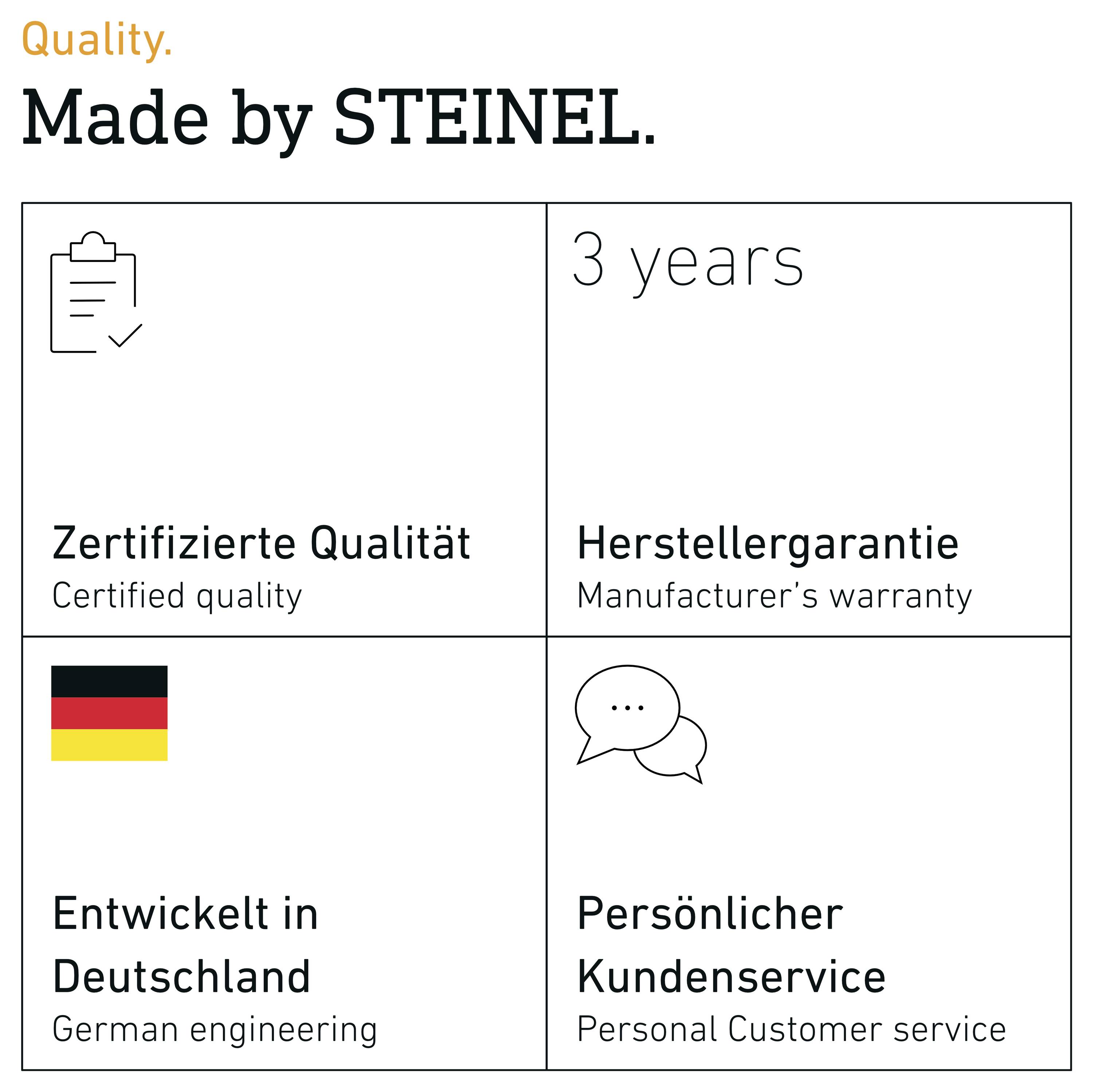 Steinel-Qualitätsansprüche Infografik: Zertifizierte Qualität, 3-jährige Herstellergarantie, Deutsche Ingenieurkunst und persönlicher Kundenservice.