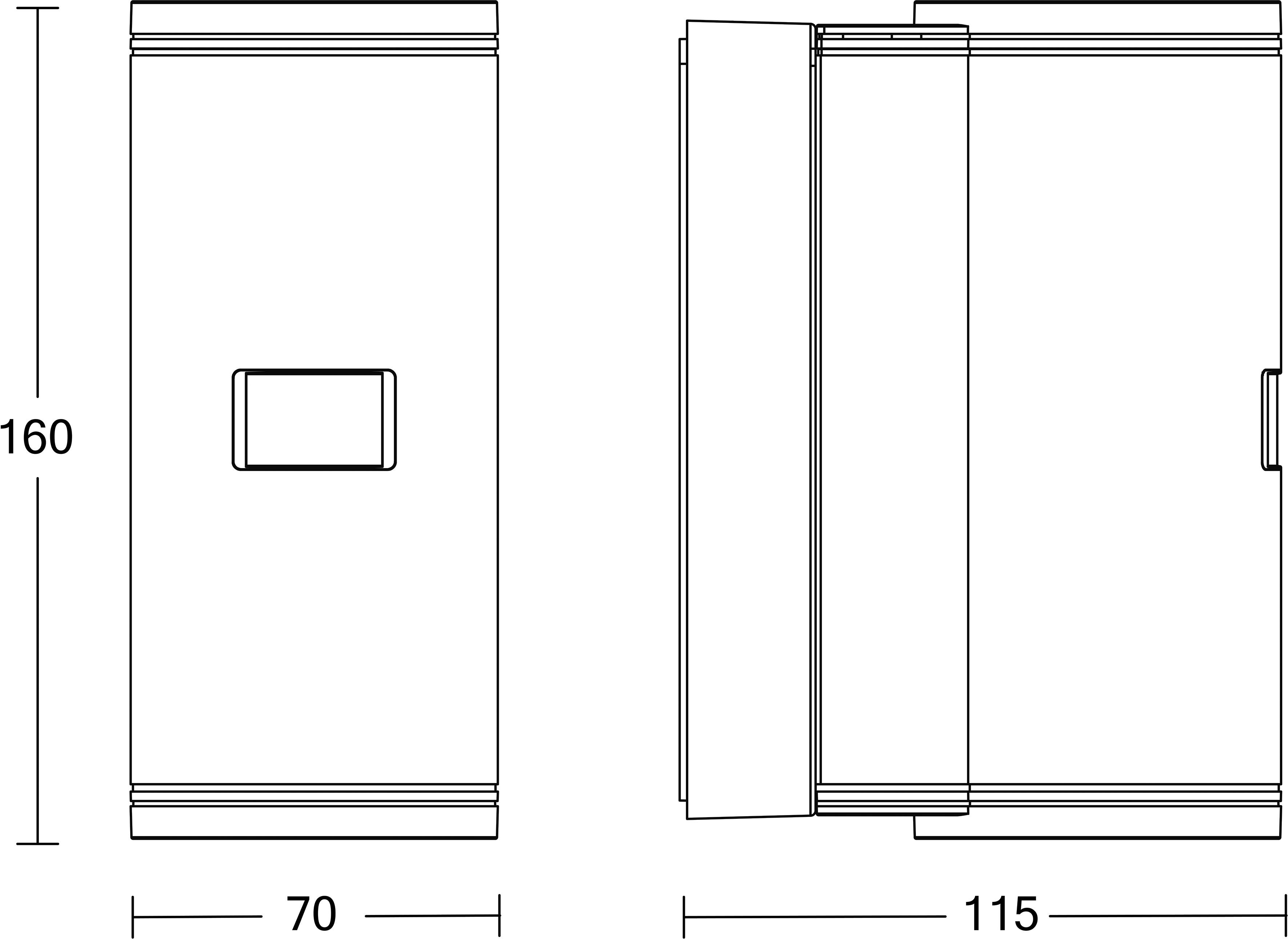 Technische Zeichnung eines rechteckigen Geräts, dargestellt in Vorder- und Seitenansicht, mit den Abmessungen 160, 70 und 115 gekennzeichnet.