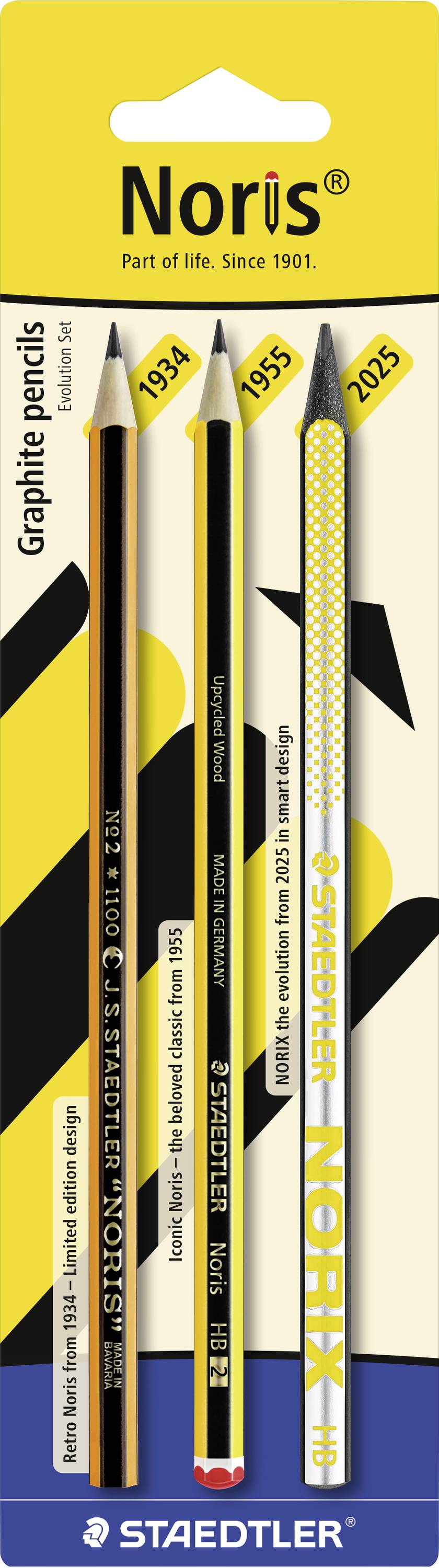 Packung mit drei Staedtler Noris Bleistiften, zeigt einen schwarzen HB-Bleistift, einen gelben 2B-Bleistift und einen weißen Norix-Bleistift mit gelbem Punktmuster.