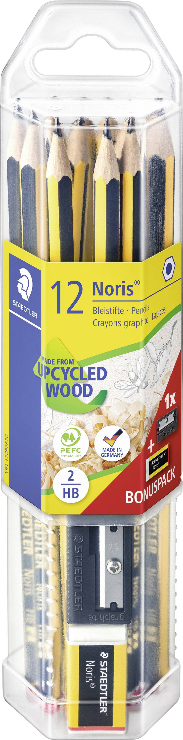 Packung Noris HB-Bleistifte in einer durchsichtigen Kunststoffbox, mit der Aufschrift 12 Bleistifte und aus recyceltem Holz gefertigt.