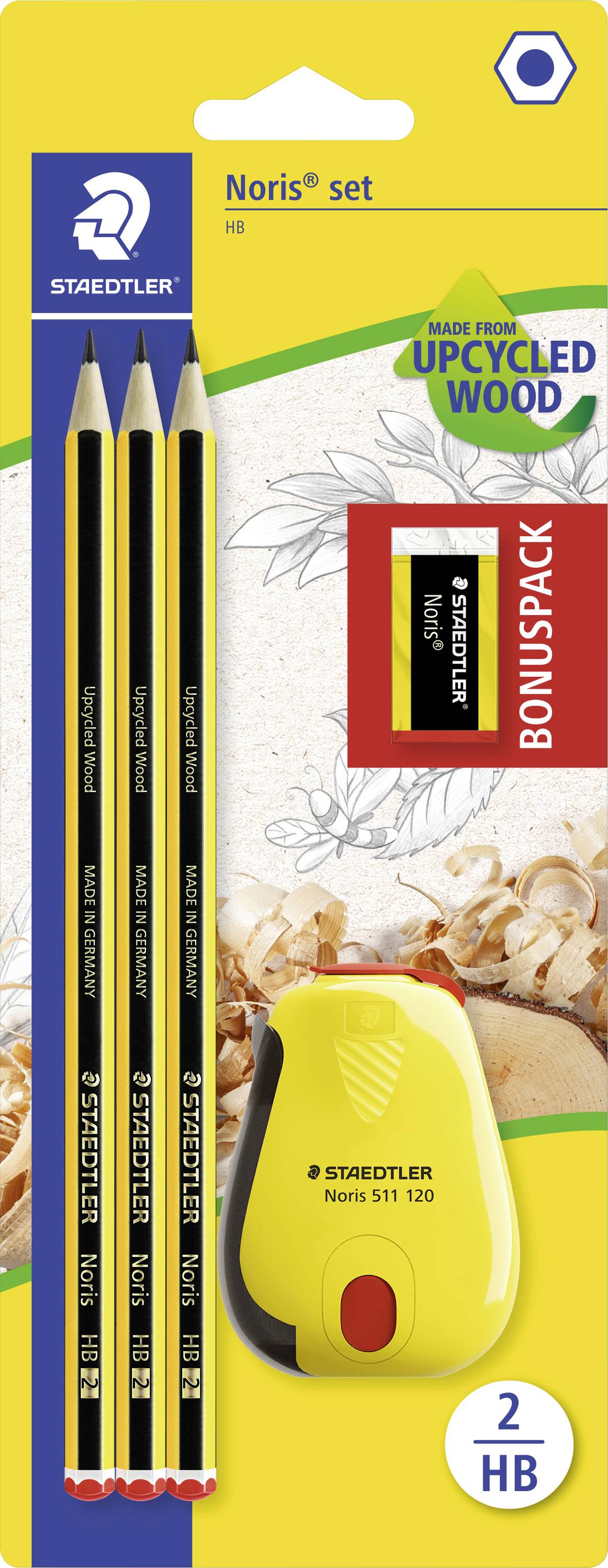 Verpackung für STAEDTLER Noris Set: drei HB-Bleistifte, gelber Spitzer und „2 HB