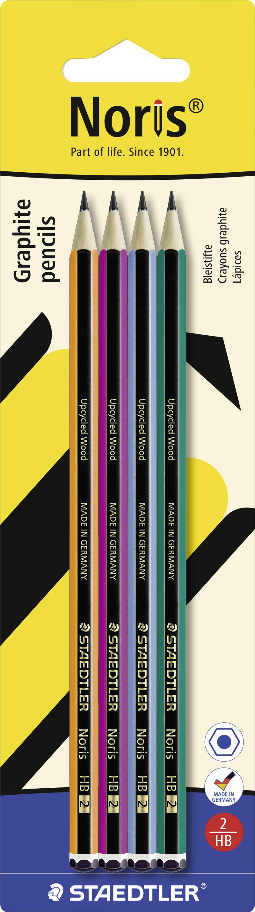 Packung mit fünf STAEDTLER Noris Graphitstiften, sortierte Minenstärken, gezeigt in gelber Einzelhandelverpackung.