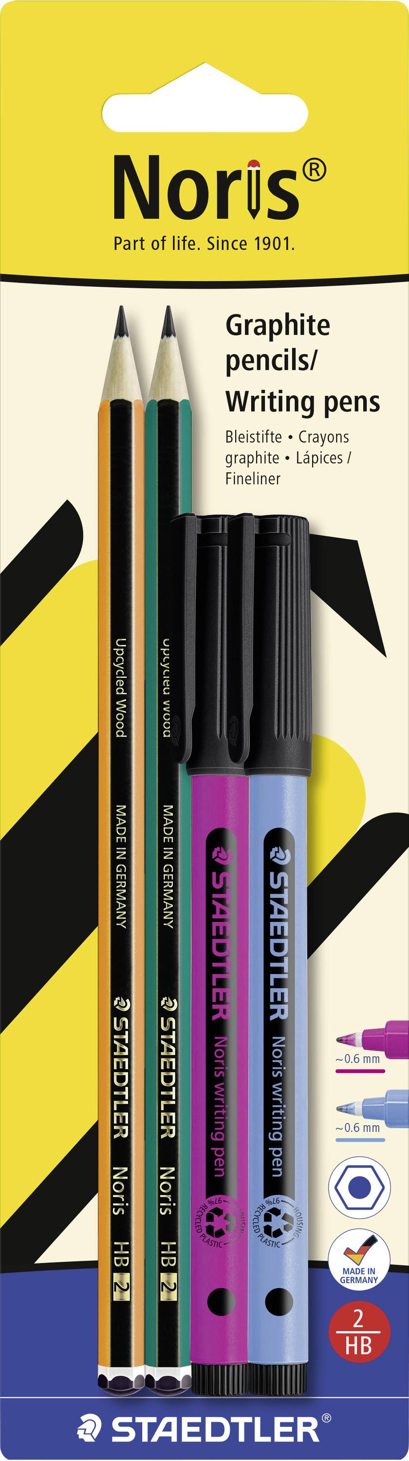 Staedtler Noris Graphitstift- und Schreibfedern-Set, zeigt drei Stifte und zwei Fineliner auf gelbem Hintergrund mit der Bezeichnung '2B HB'.