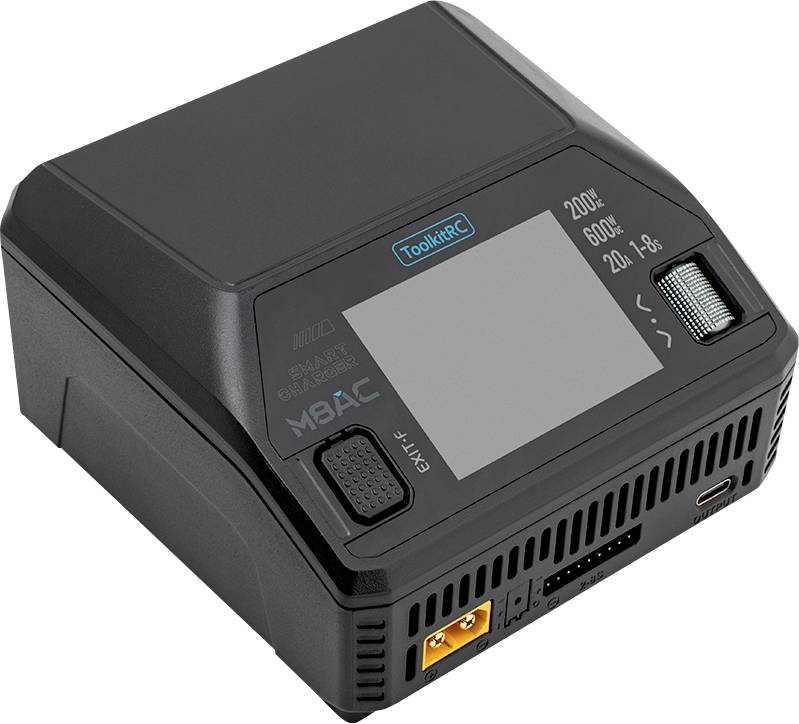 Schwarzes ToolkitRC Batterie-Ladegerät und Stromtester mit Bildschirm, Drehknopf und Anschlüssen an der Vorderseite