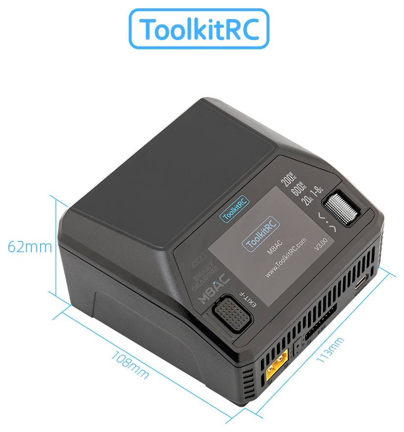 ToolkitRC Elektronikgerät in Perspektivdarstellung mit den beschrifteten Abmessungen 62 mm Höhe, 108 mm Breite und 113 mm Tiefe.
