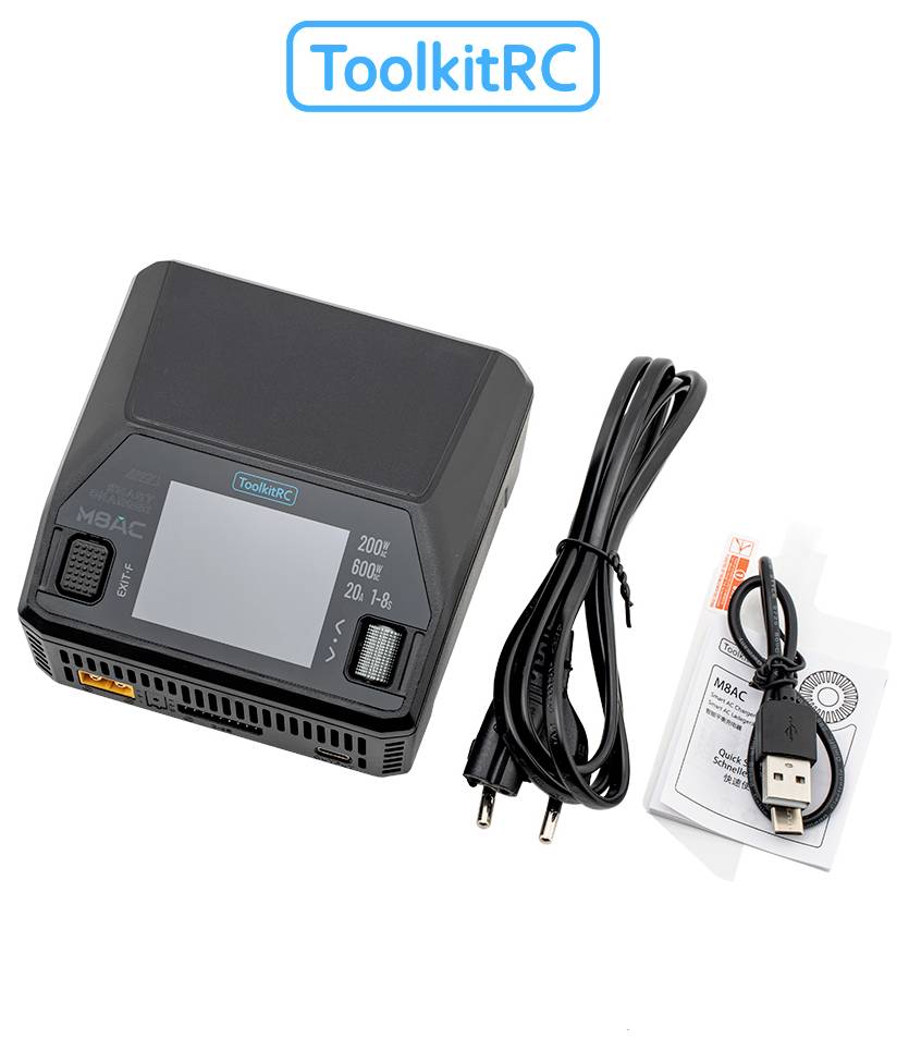 ToolkitRC Batterie-Ladegerät mit Stromkabel und USB-Kabel auf weißem Hintergrund
