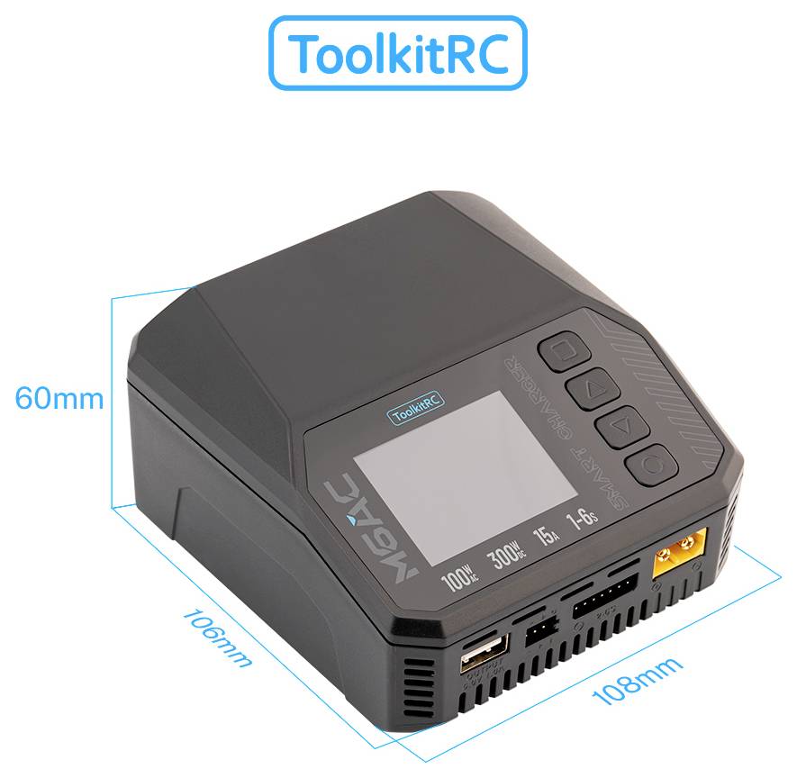ToolkitRC K6S-Ladegerät in 3D dargestellt mit beschrifteten Abmessungen von 60 mm Höhe, 106 mm Tiefe und 108 mm Breite.