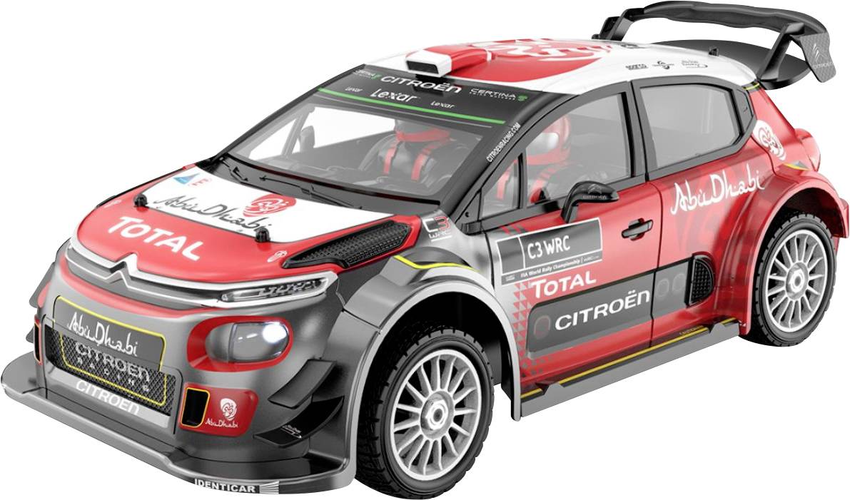 Rotes und schwarzes Citroën-Rallyeauto mit Rennaufklebern, Heckspoiler und Sponsorenlogos, auf weißem Hintergrund dargestellt.