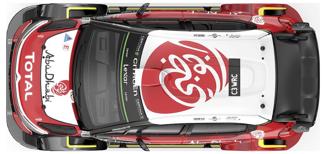 Draufsicht auf ein rotes und weißes Citroën C3 WRC Rallye-Auto mit Total- und Abu Dhabi-Branding.