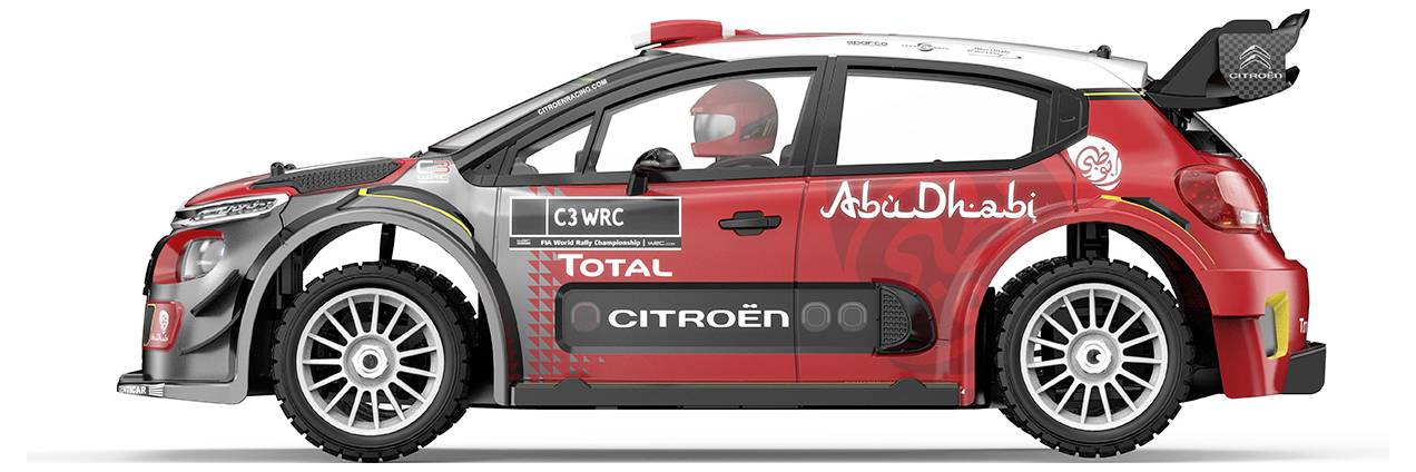Seitenansicht eines Citroën C3 WRC Rallye-Autos in Rot, Schwarz und Grau Abu Dhabi Total Lackierung, mit Startnummer 8 und großem Heckflügel.